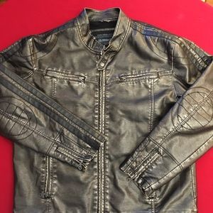 Fleece lined faux leather motorcycle jacket.